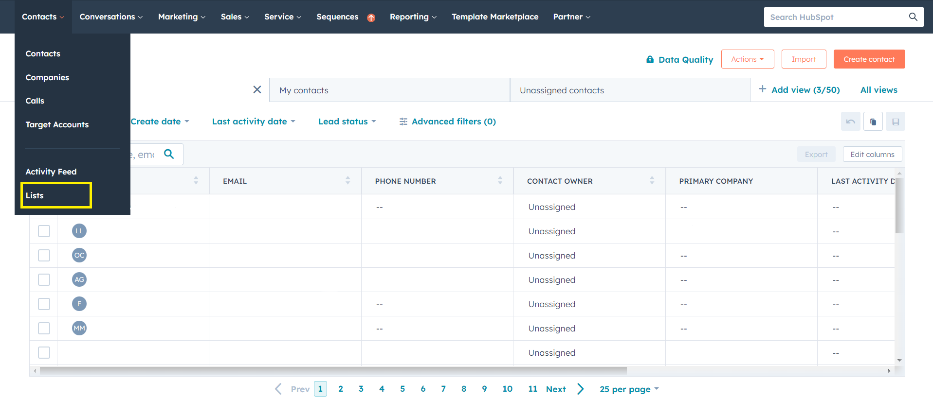 Paso 1 creación de listas en HubSpot